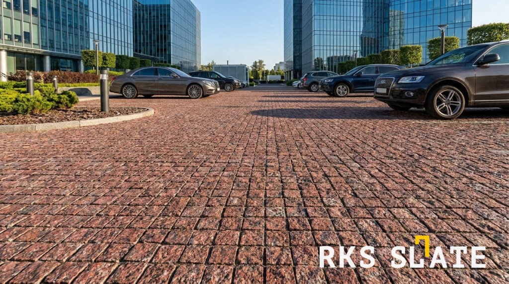 Красивая современная парковка выложенная гранитной брусчаткой